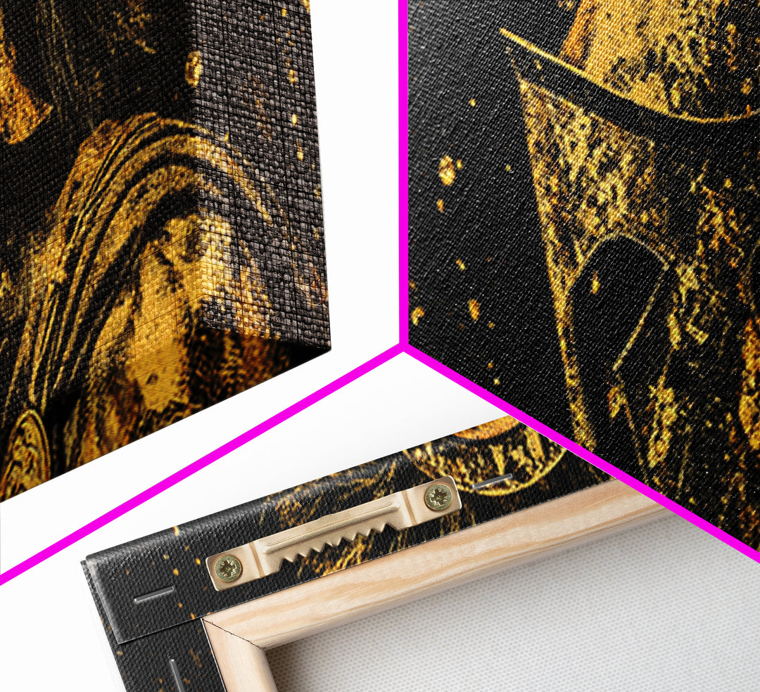 Spartan Helmet Portrait, Ancient Greek Warrior Symbol Of Strength Decorative Artwork, Gold Canvas Print, Real Wood Frame Art