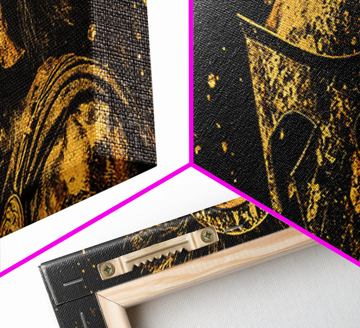 Spartan Helmet Portrait, Ancient Greek Warrior Symbol Of Strength Decorative Artwork, Gold Canvas Print, Real Wood Frame Art