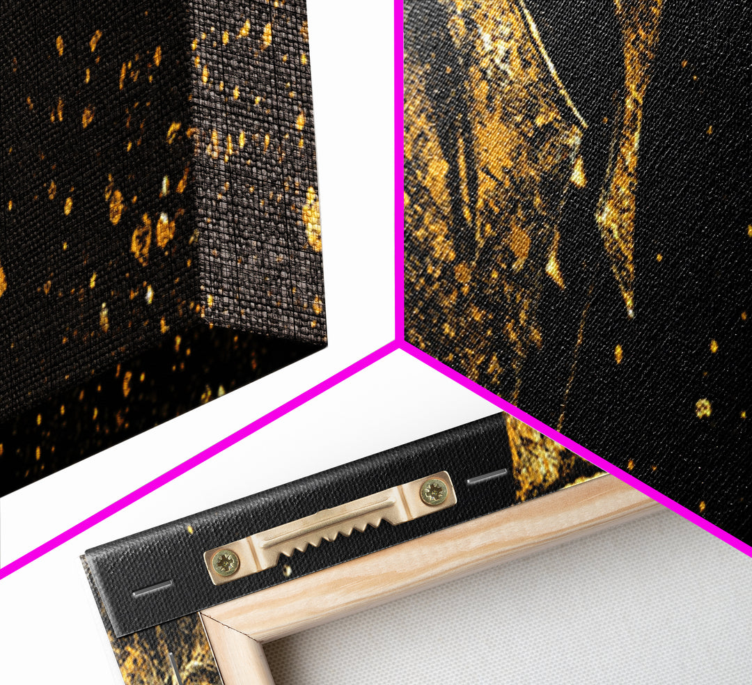 Spartan Warrior Close Up, Mythological Greek Helmet Armor Decorative Wall Artwork, Gold Canvas Print, Real Wood Frame Decor