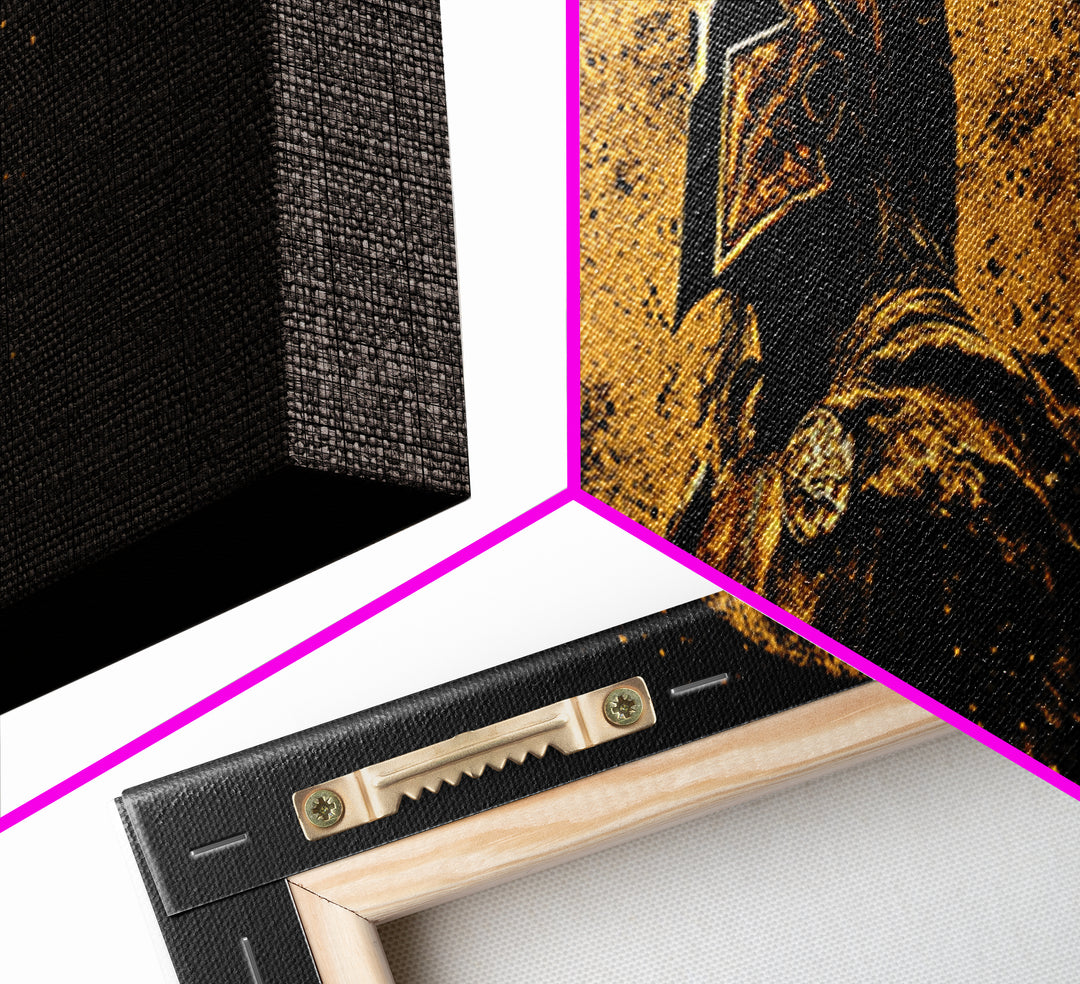 Heroic Spartan Warrior, Ancient Greek Mythological Armor Symbol Decorative Artwork, Gold Canvas Print, Real Wood Frame Wall Art