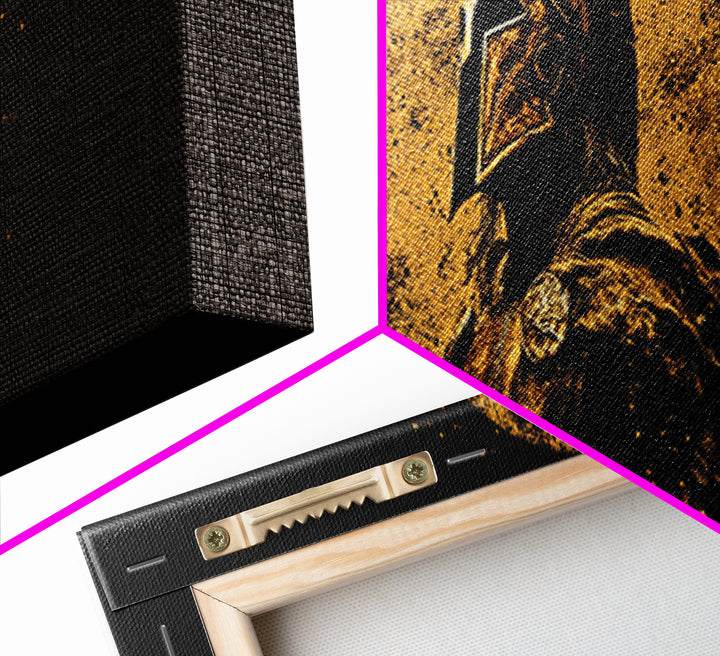 Heroic Spartan Warrior, Ancient Greek Mythological Armor Symbol Decorative Artwork, Gold Canvas Print, Real Wood Frame Wall Art