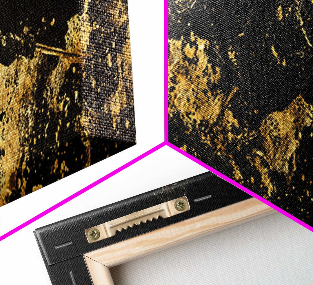 Spartan Warrior Leaping, Ancient Greek Heroic Battle Scene Decorative Wall Artwork, Gold Canvas Print, Real Wood Frame Decor