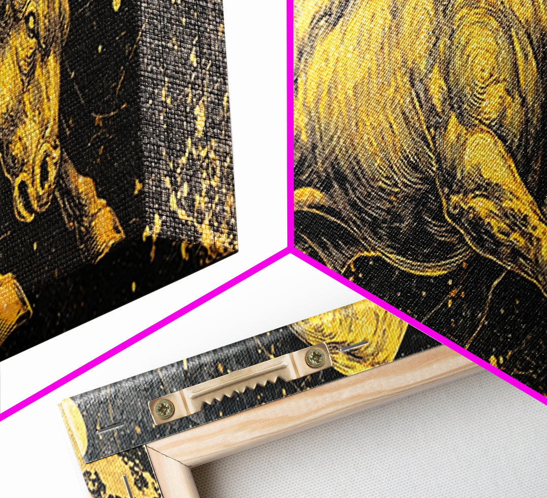 Charging Bull Artwork, Mythical Strength And Power Wall Decor, Gold Canvas Print, Real Wood Frame Art