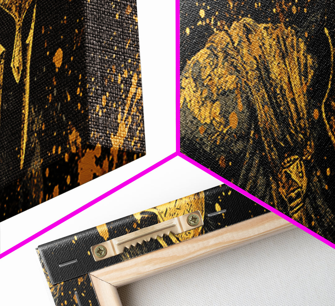 Greek Warrior With Spear, Ancient Spartan Battle Scene Decorative Wall Artwork, Gold Canvas Print, Real Wood Frame Wall Art