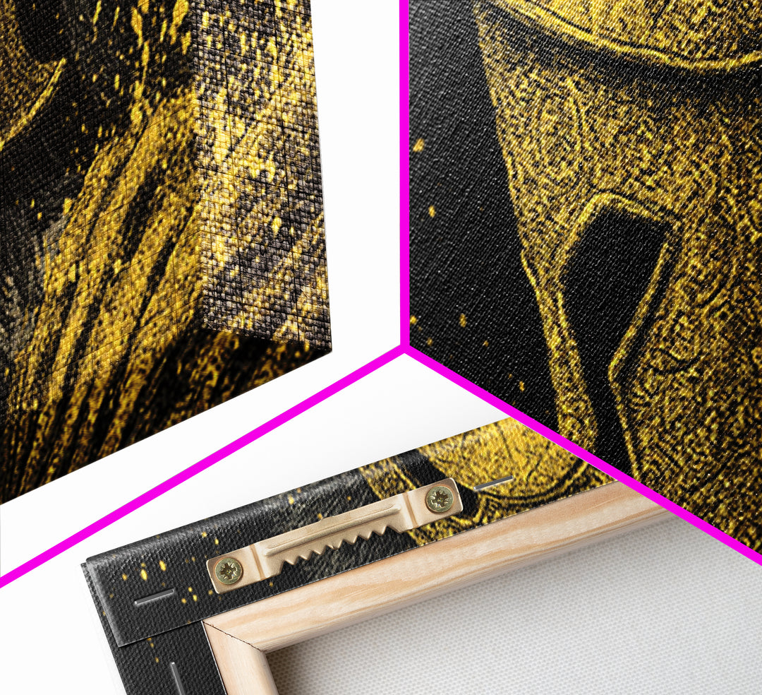 Spartan Helmet Portrait, Ancient Greek Warrior Symbolic Decorative Artwork, Gold Canvas Print, Real Wood Frame Wall Decor