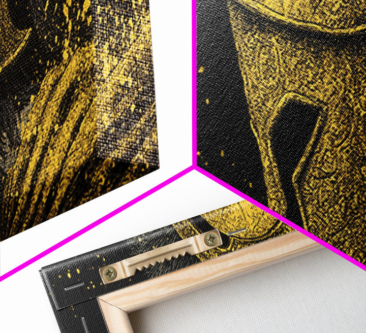 Spartan Helmet Portrait, Ancient Greek Warrior Symbolic Decorative Artwork, Gold Canvas Print, Real Wood Frame Wall Decor