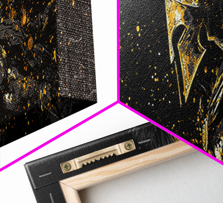 Greek Warrior In Battle Stance, Mythological Spartan Hero Decorative Artwork, Gold Canvas Print, Real Wood Frame Wall Art