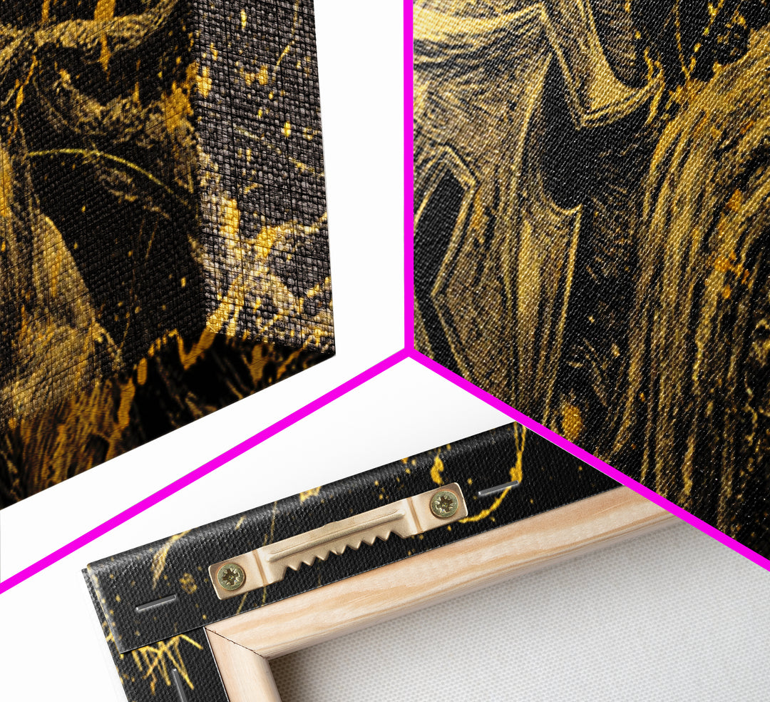 Greek Warrior Battle Pose, Ancient Spartan Hero Decorative Wall Artwork, Gold Canvas Print, Real Wood Frame Wall Decor