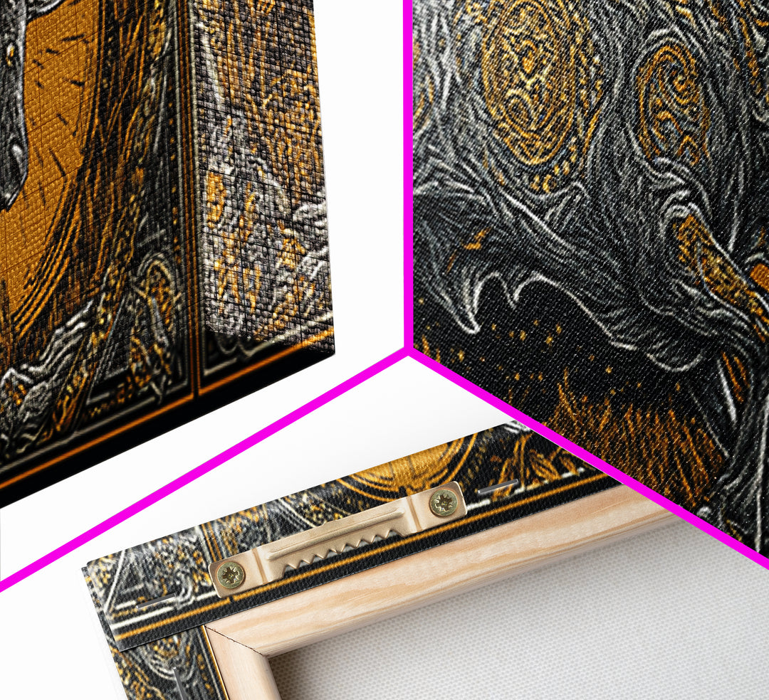 Ornamental Bull Design, Mythical Strength Symbol Wall Decor, Gold Canvas Print, Real Wood Framed Art