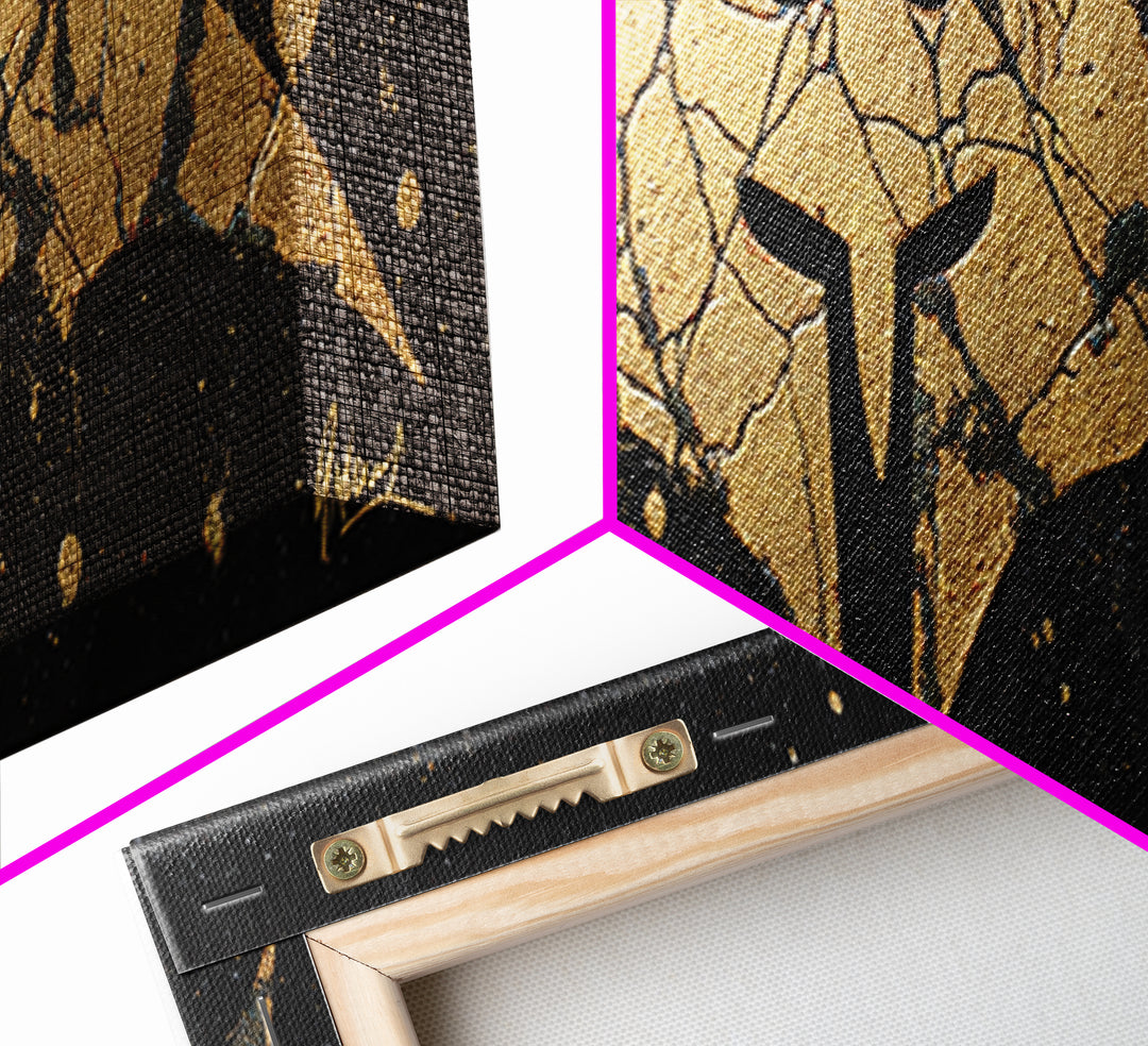Spartan Helmet Emblem, Abstract Mythology Symbol Decorative Artwork, Gold Canvas Print, Real Wood Frame Warrior Wall Art