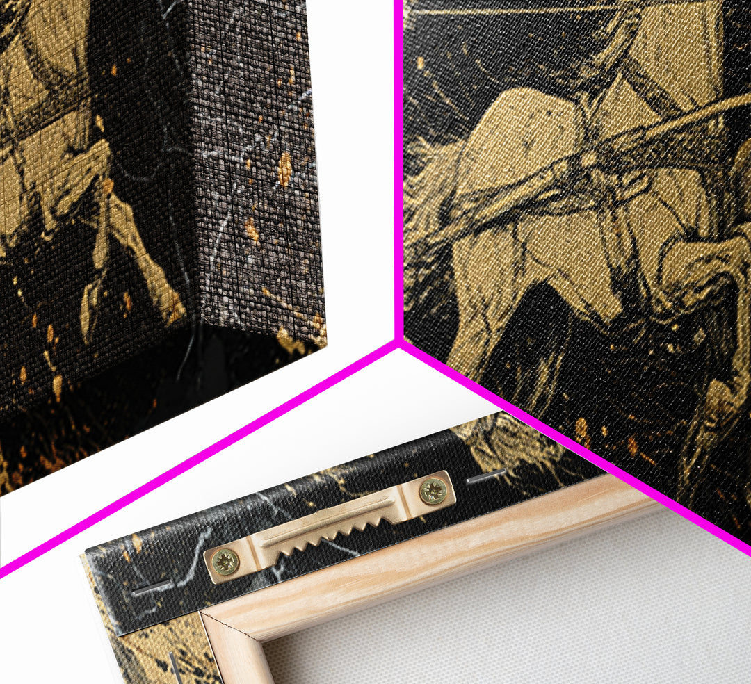 Ancient Chariot Rider, Mythical Warrior Battle Scene Wall Decor, Gold Canvas Print, Real Wood Frame Art