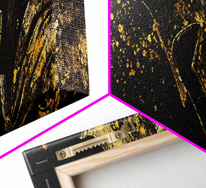 Greek Warrior Intense Gaze, Ancient Spartan Helmet Decorative Mythology Artwork, Gold Canvas Print, Real Wood Frame Wall Decor
