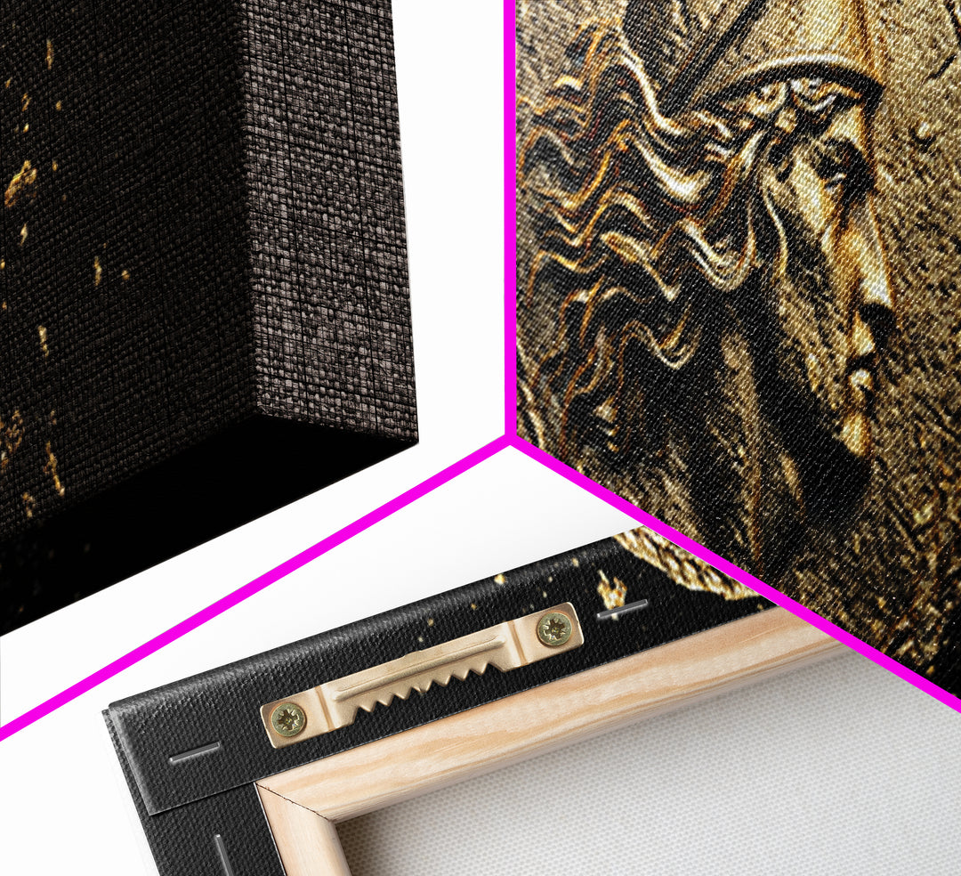 Ancient Greek Coin Relief Portrait, Historical Mythology Gold Canvas Print, Classical Wall Art, Real Wood Frame