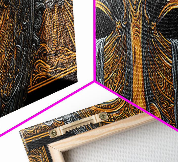 Mythical Golden Mask Illustration, Surreal Greek Inspired Gold Canvas Print, Fantasy Wall Art, Real Wood Frame