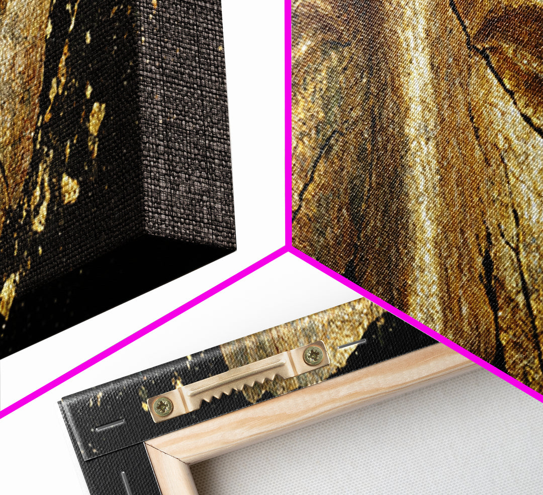 Cracked Ancient Golden Mask, Mythological Relic Gold Canvas Print, Unique Fantasy Wall Art, Real Wood Frame