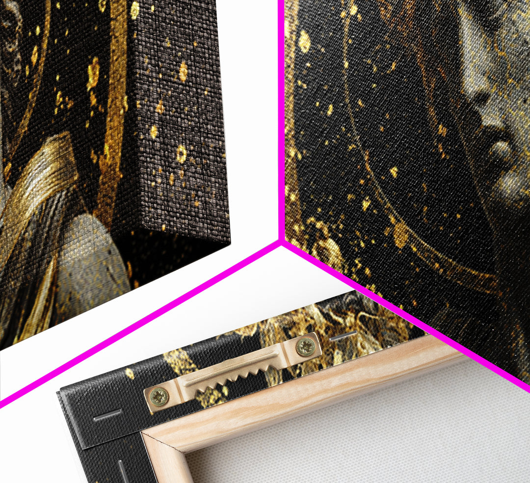 Apollo Bust With Golden Halo, Ancient Greek God Gold Canvas Print, Mythology Sculpture Wall Art, Real Wood Frame