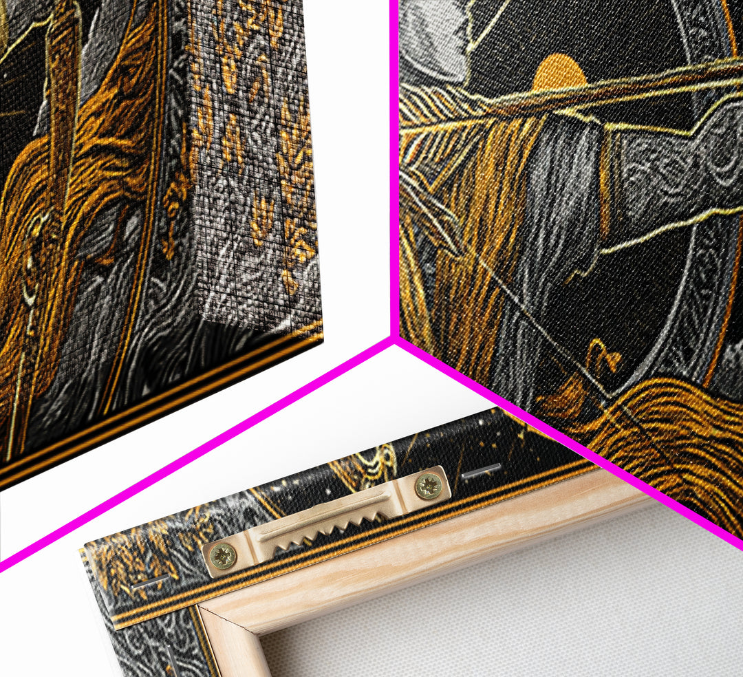 Greek Goddess Artemis With Bow, Mythological Archer Gold Canvas Print, Fantasy Wall Art, Real Wood Frame