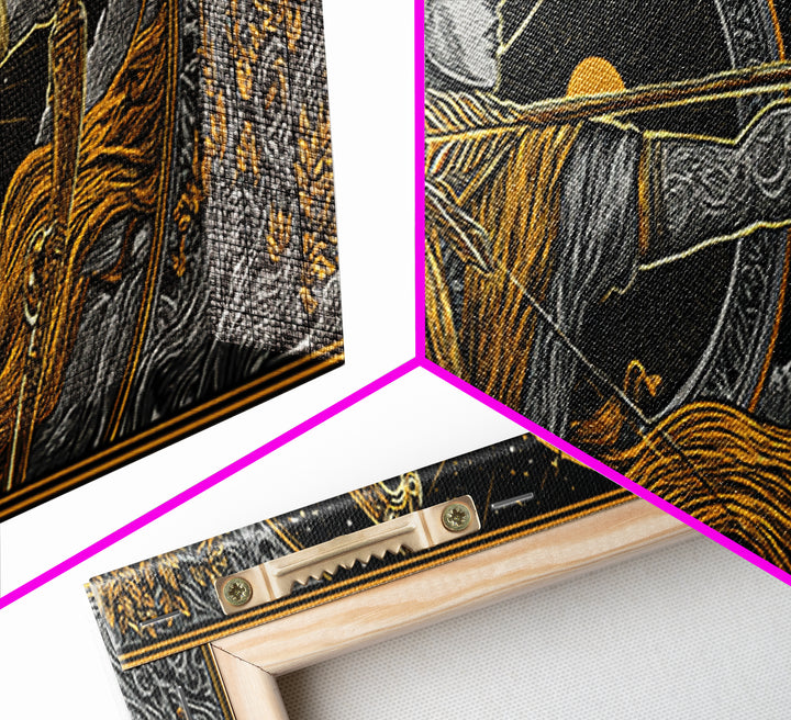 Greek Goddess Artemis With Bow, Mythological Archer Gold Canvas Print, Fantasy Wall Art, Real Wood Frame