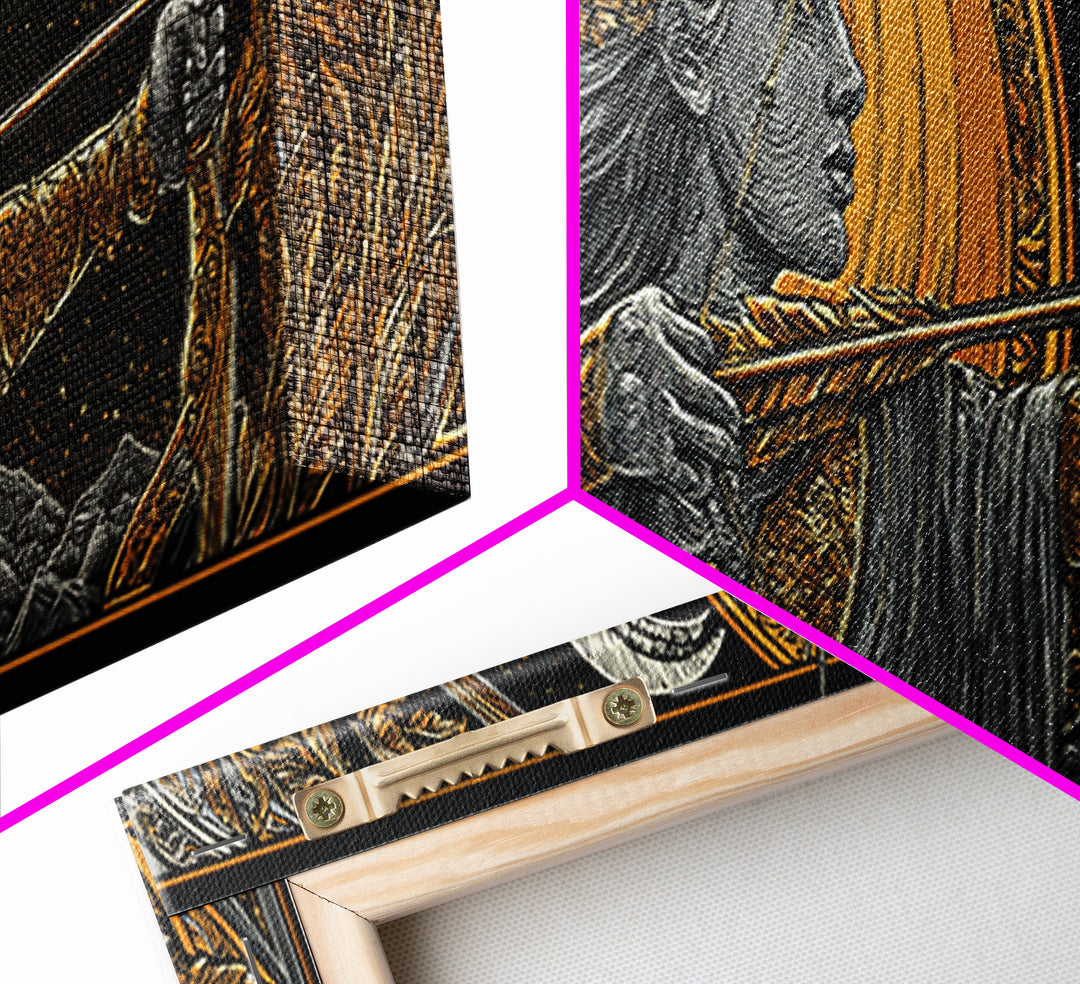 Artemis Moon Goddess Archer, Mythology Inspired Gold Canvas Print, Greek Goddess Wall Art, Real Wood Frame