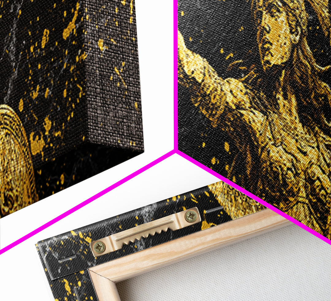 Athena Goddess Of Wisdom And War, Ancient Greek Gold Canvas Print, Mythology Warrior Wall Art, Real Wood Frame