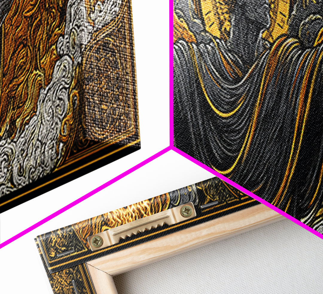 Ancient Titan With Flames, Mythology God Wall Art, Gold Canvas Print, Dramatic Greek Decor, Real Wood Frame