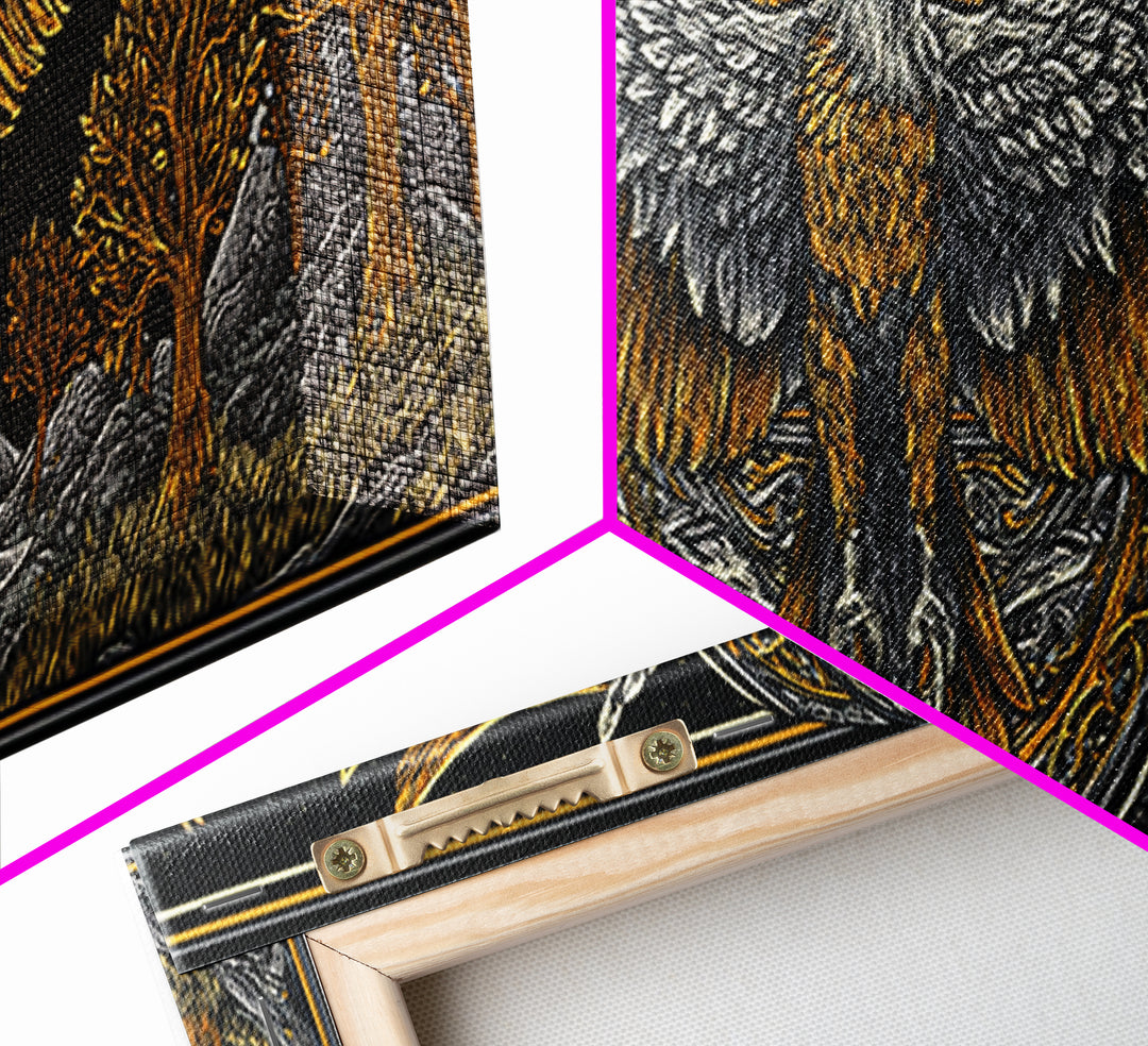 Eagle With Outstretched Wings, Mythology Bird Wall Decor, Gold Canvas Print, Symbolic Strength Art, Real Wood Frame