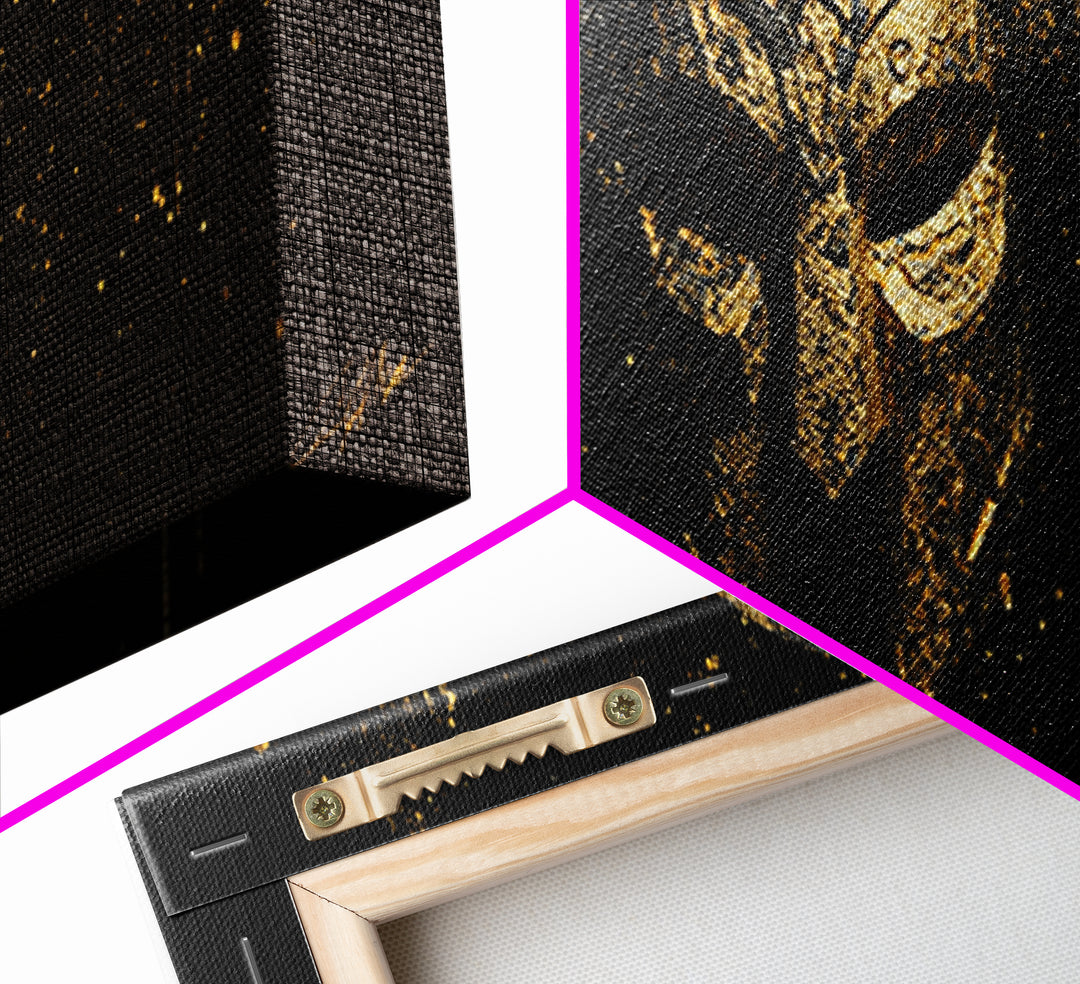 Warrior Viking Helmet, Norse Mythology Wall Art, Gold Canvas Print, Dramatic Historical Decor, Real Wood Frame