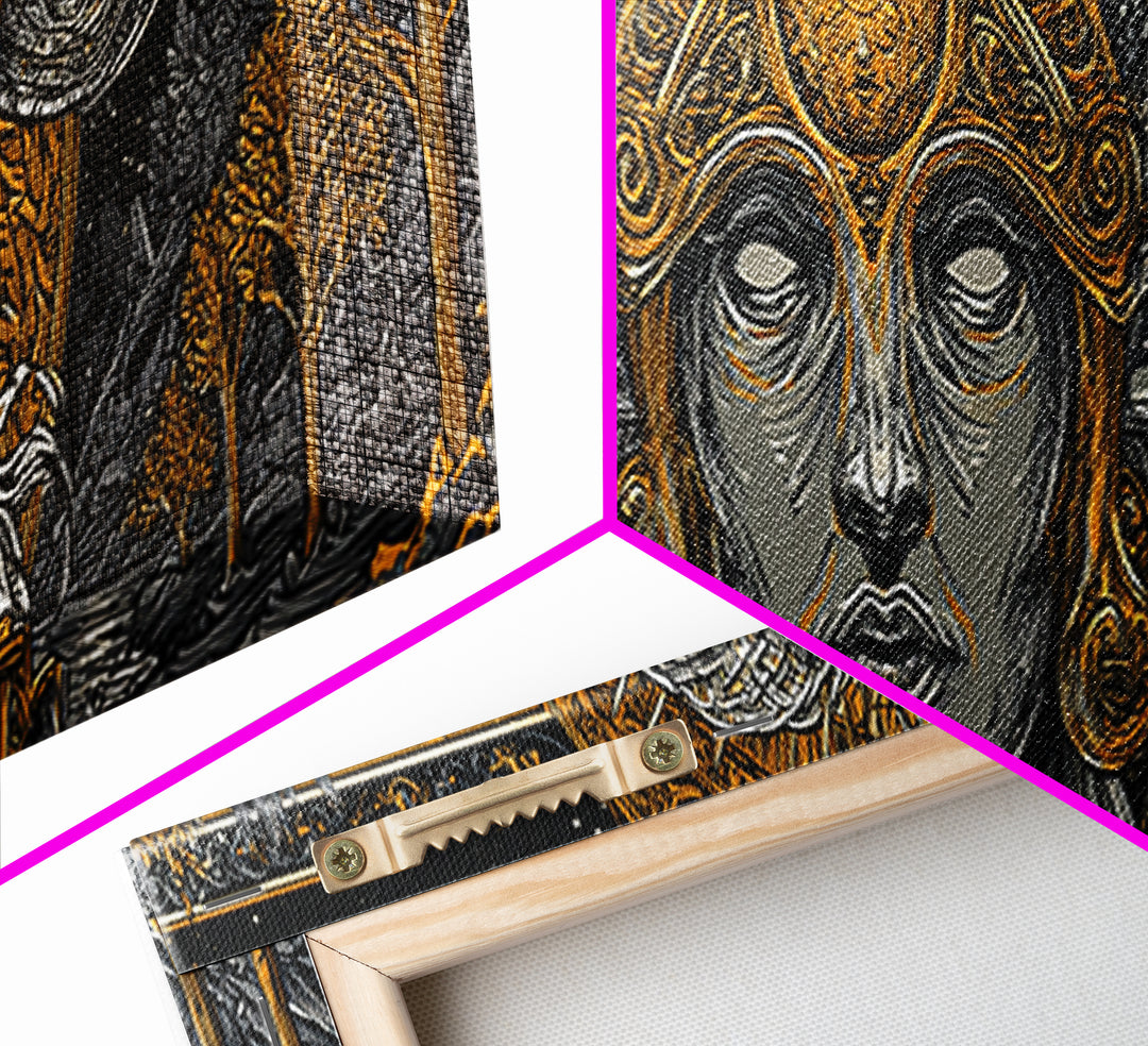 Horned Goddess Portrait, Celtic Mythology Wall Decor, Gold Canvas Print, Fantasy Pagan Inspired Art, Real Wood Frame
