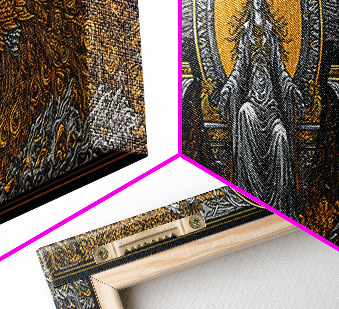 Queen Goddess With Peacocks, Mythology Regal Wall Art, Gold Canvas Print, Luxurious Divine Decor, Real Wood Frame