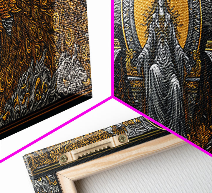 Queen Goddess With Peacocks, Mythology Regal Wall Art, Gold Canvas Print, Luxurious Divine Decor, Real Wood Frame