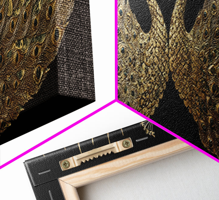 Twin Peacock Feathers, Elegant Bird Wall Decor, Gold Canvas Print, Symbolic Decorative Art, Real Wood Frame