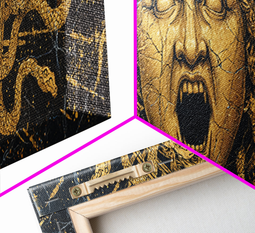 Medusa Serpent Gold Canvas Print, Greek Mythology Wall Art, Gorgon Face Illustration, Real Wood Frame, Unique Statement Decor