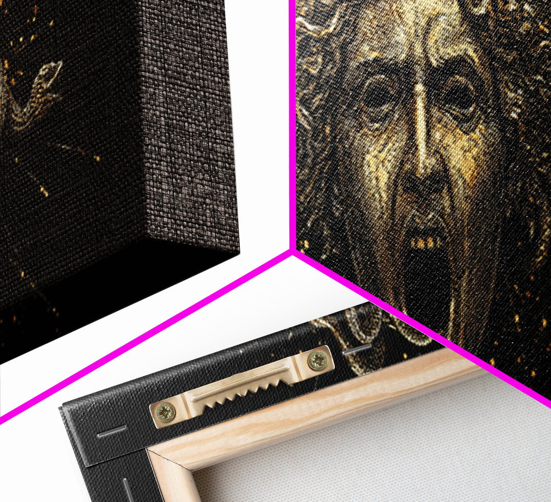 Medusa Head Gold Canvas Art, Greek Mythological Gorgon Wall Print, Snake Hair Woman Illustration, Real Wood Frame, Bold Luxury Decor