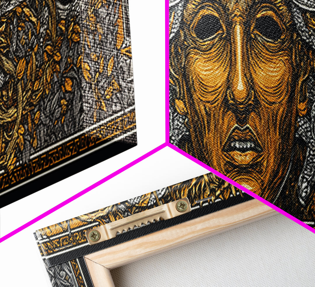 Medusa Myth Gold Canvas Print, Snake Goddess Wall Art, Ancient Greek Gorgon Illustration, Real Wood Frame, Dramatic Luxury Decor