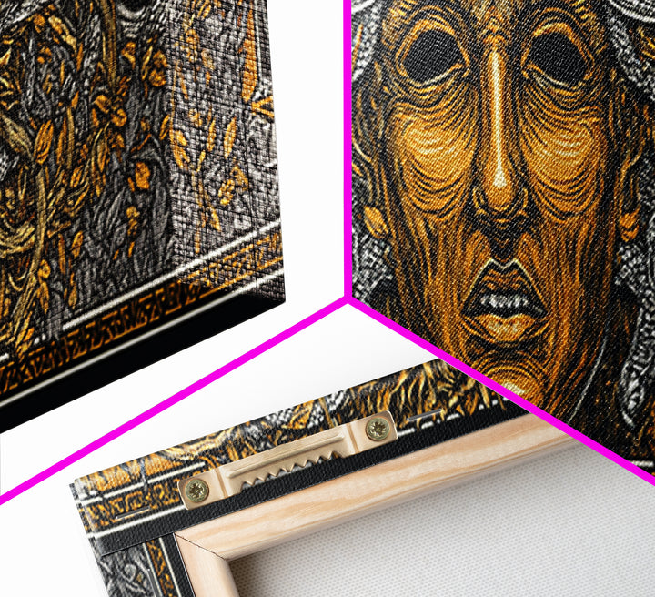Medusa Myth Gold Canvas Print, Snake Goddess Wall Art, Ancient Greek Gorgon Illustration, Real Wood Frame, Dramatic Luxury Decor