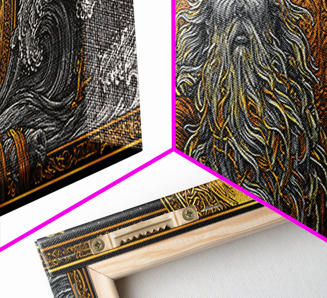 Oceanus Gold Canvas Print, Greek Titan Of The Sea, Mythology Wall Art, Flowing Waves Illustration, Real Wood Frame, Ocean Decor