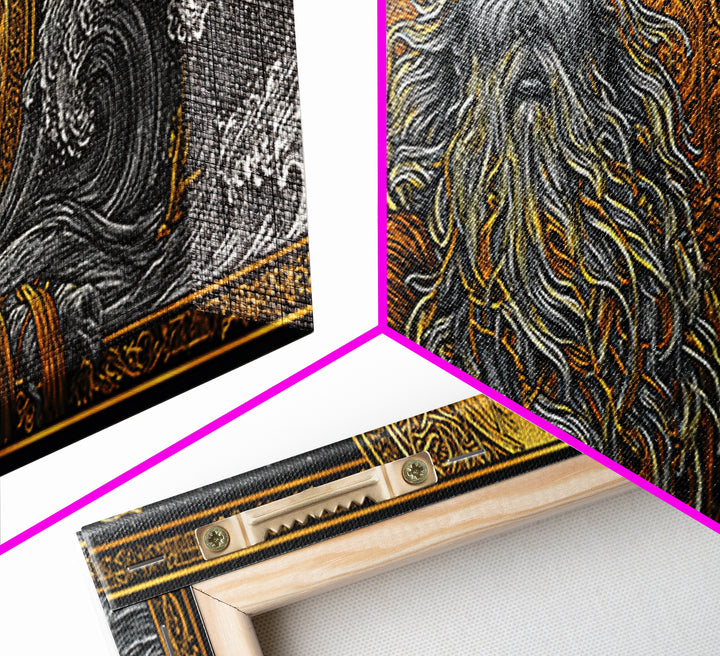 Oceanus Gold Canvas Print, Greek Titan Of The Sea, Mythology Wall Art, Flowing Waves Illustration, Real Wood Frame, Ocean Decor