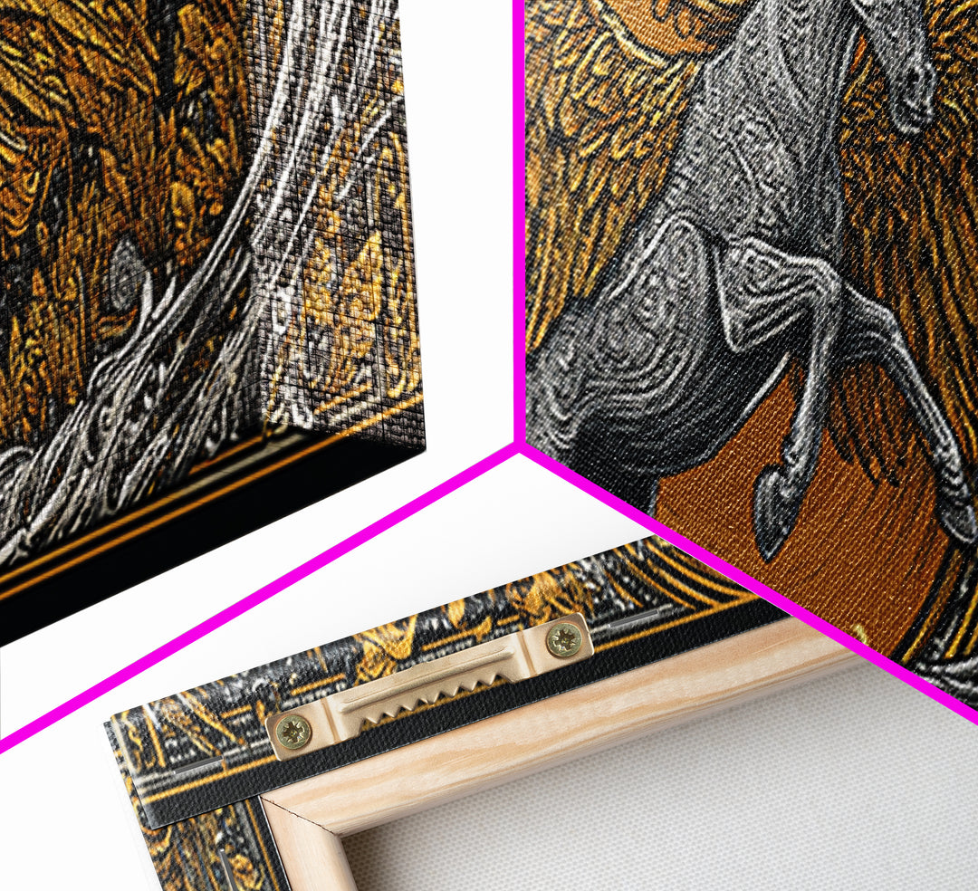 Pegasus Rising Gold Canvas Print, Mythological Horse Wall Art, Real Wood Frame, Luxury Collectible Decorative Art