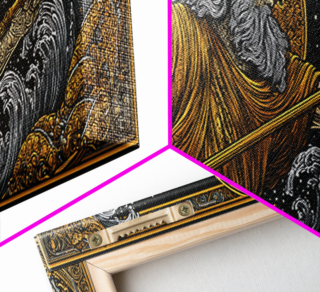 Poseidon Wields Gold Canvas Print, Sea God Wall Art, Real Wood Frame, Mythological Ocean Artwork For Home Decor
