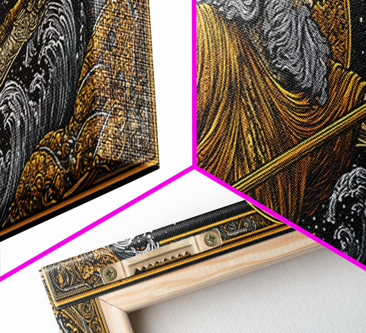 Poseidon Wields Gold Canvas Print, Sea God Wall Art, Real Wood Frame, Mythological Ocean Artwork For Home Decor
