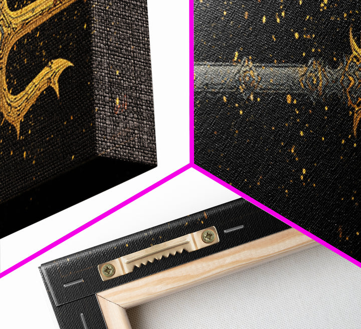 Poseidon Trident Gold Canvas Print, Mythology Wall Art, Real Wood Frame, Sea God Artwork For Home Or Office Decor