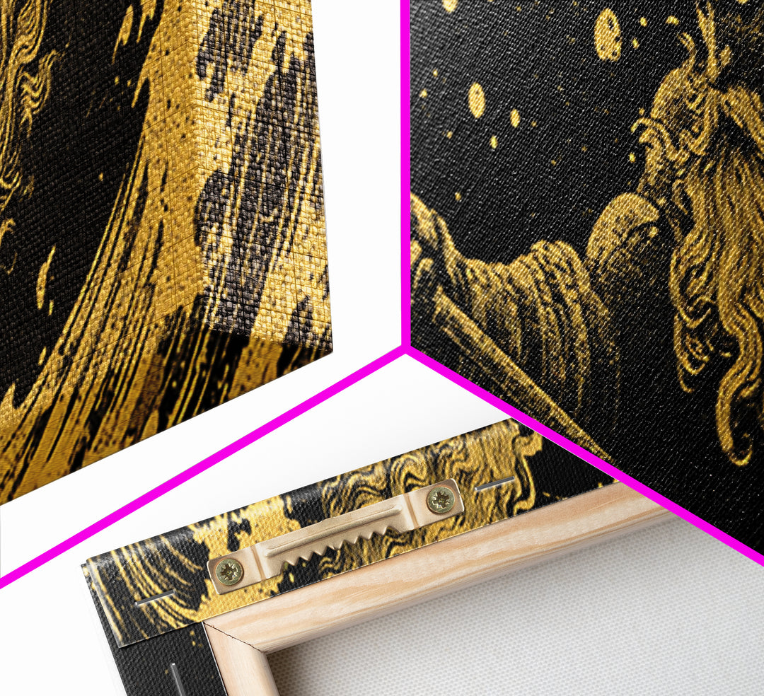Poseidon Waves Gold Canvas Print, Mythological Sea God Wall Art, Real Wood Frame, Luxury Decorative Greek Artwork