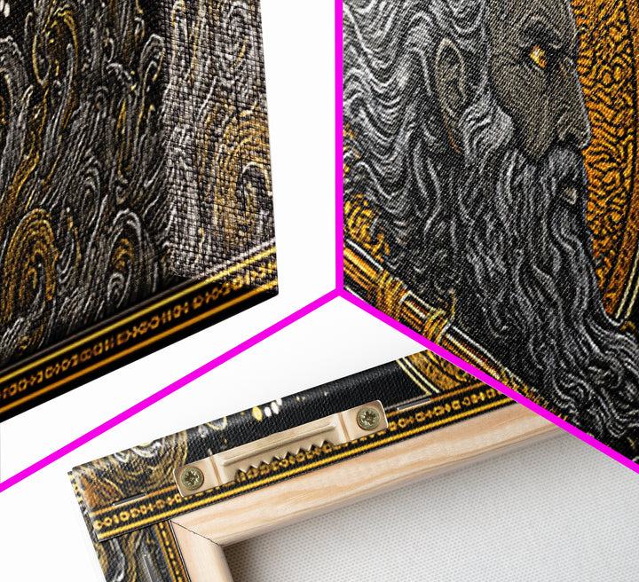 Poseidon With Trident Gold Canvas Print, Greek Mythology Wall Art, Real Wood Framed Canvas Artwork, Luxury Home Decor