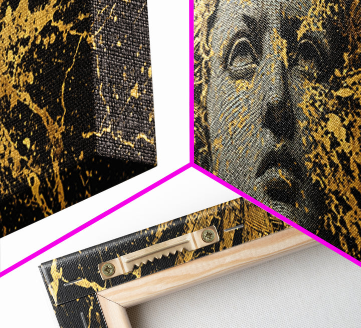 Prometheus Sunburst Bust Gold Canvas Print, Greek Statue Inspired Wall Art, Real Wood Frame, Elegant Mythology Artwork