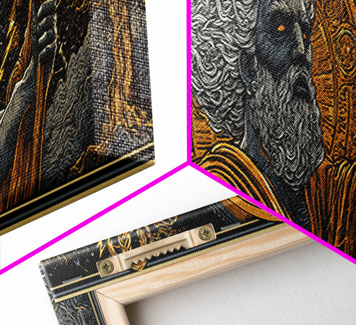 Zeus With Staff Gold Canvas Print, Greek God Wall Art, Regal Mythology Decor, Real Wood Frame Luxury Artwork