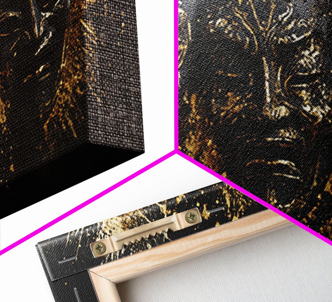 Tribal Drama Mask Gold Canvas Print, Abstract Splatter Art On Canvas, Real Wood Frame Wall Décor, Gothic Theater Artwork