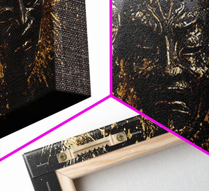 Tribal Drama Mask Gold Canvas Print, Abstract Splatter Art On Canvas, Real Wood Frame Wall Décor, Gothic Theater Artwork