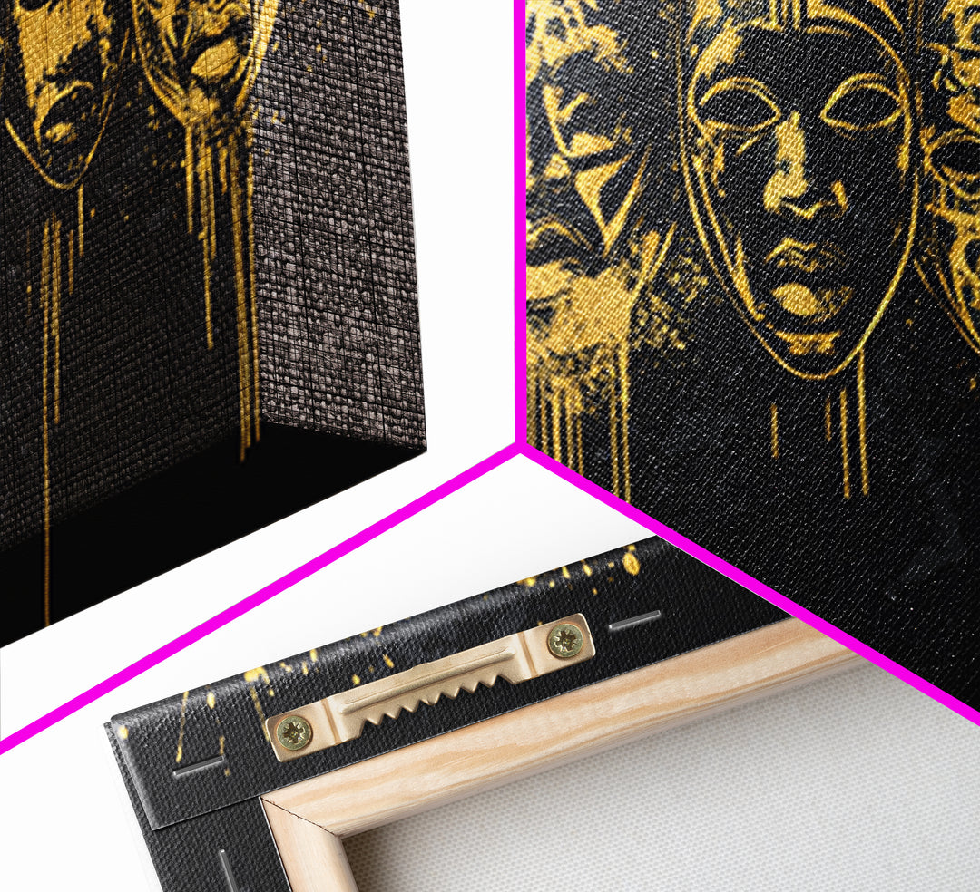 Intricate Regal Mask Gold Canvas Art, Ornate Splatter Canvas Print, Real Wood Frame Wall Décor, Dramatic Statement Artwork
