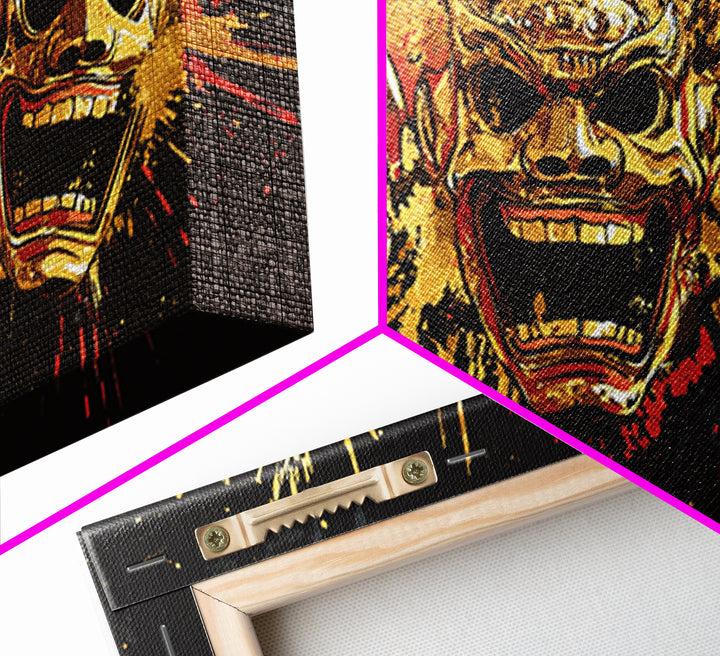 Skull Gold Canvas Print, Gothic Splatter Art On Canvas, Real Wood Frame Wall Décor, Macabre Dark Aesthetic Artwork