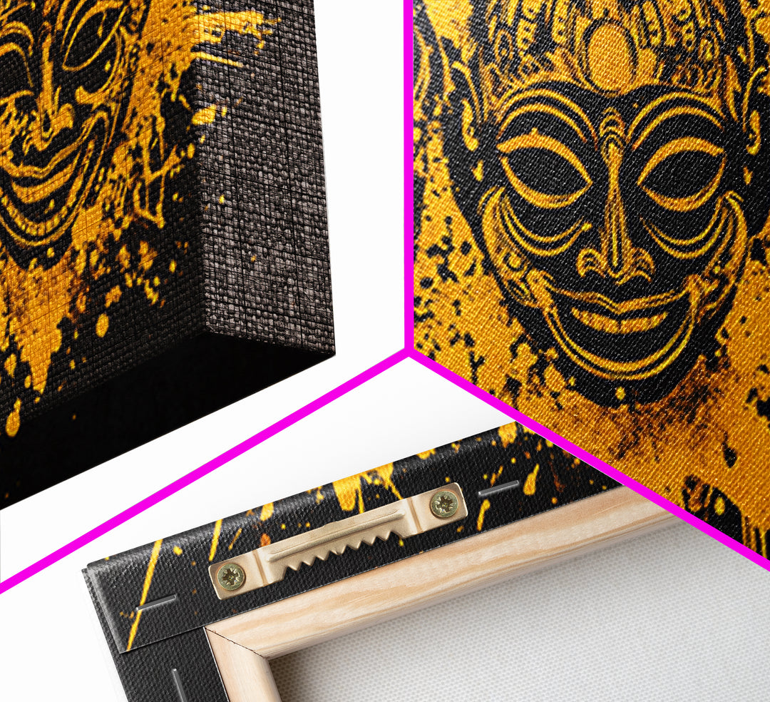 Ancient Warrior Mask Gold Canvas Art, Tribal Splatter Canvas Print, Real Wood Frame Wall Décor, Bold Dramatic Statement Art